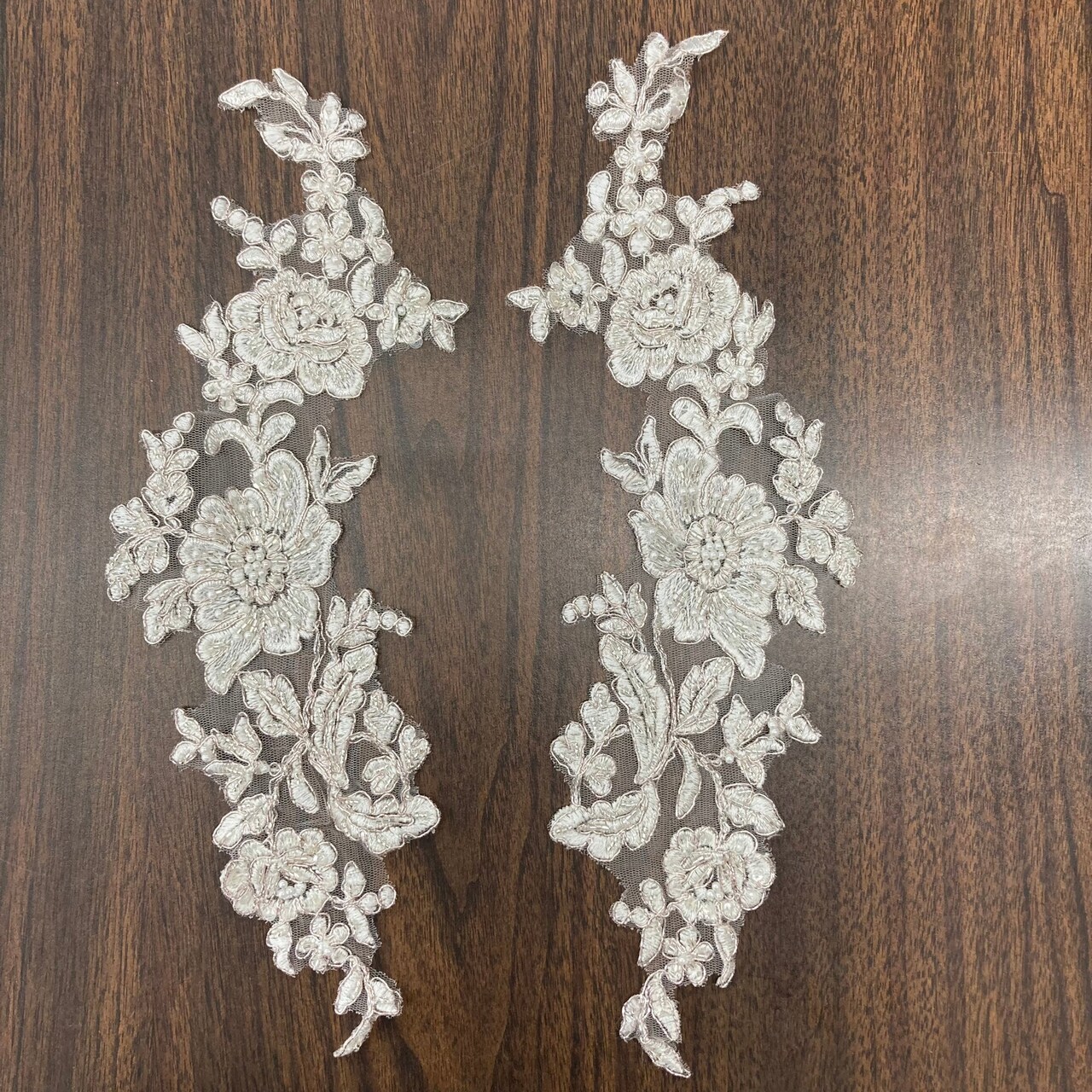 1 Pair Beaded & Corded Floral Lace Applique on 100% Polyester Net Mesh 13" x 3" Each Side